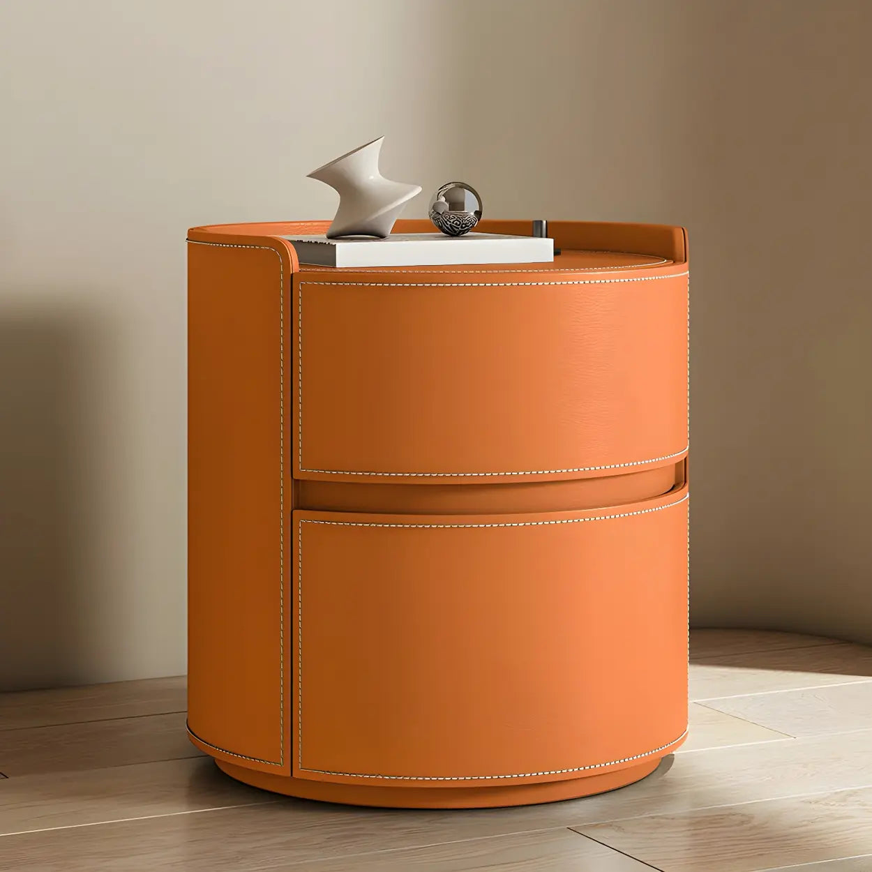 Simple Round Off-White Wood Drawer Nightstand — Avocado Green / Wood & Microfiber Leather