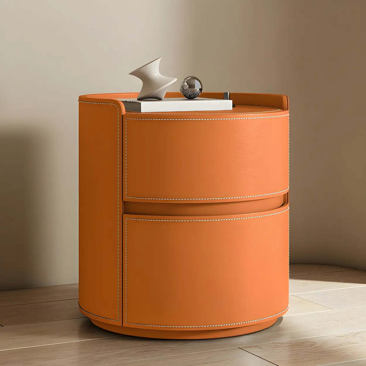 Simple Round Off-White Wood Drawer Nightstand — Avocado Green / Wood & Microfiber Leather