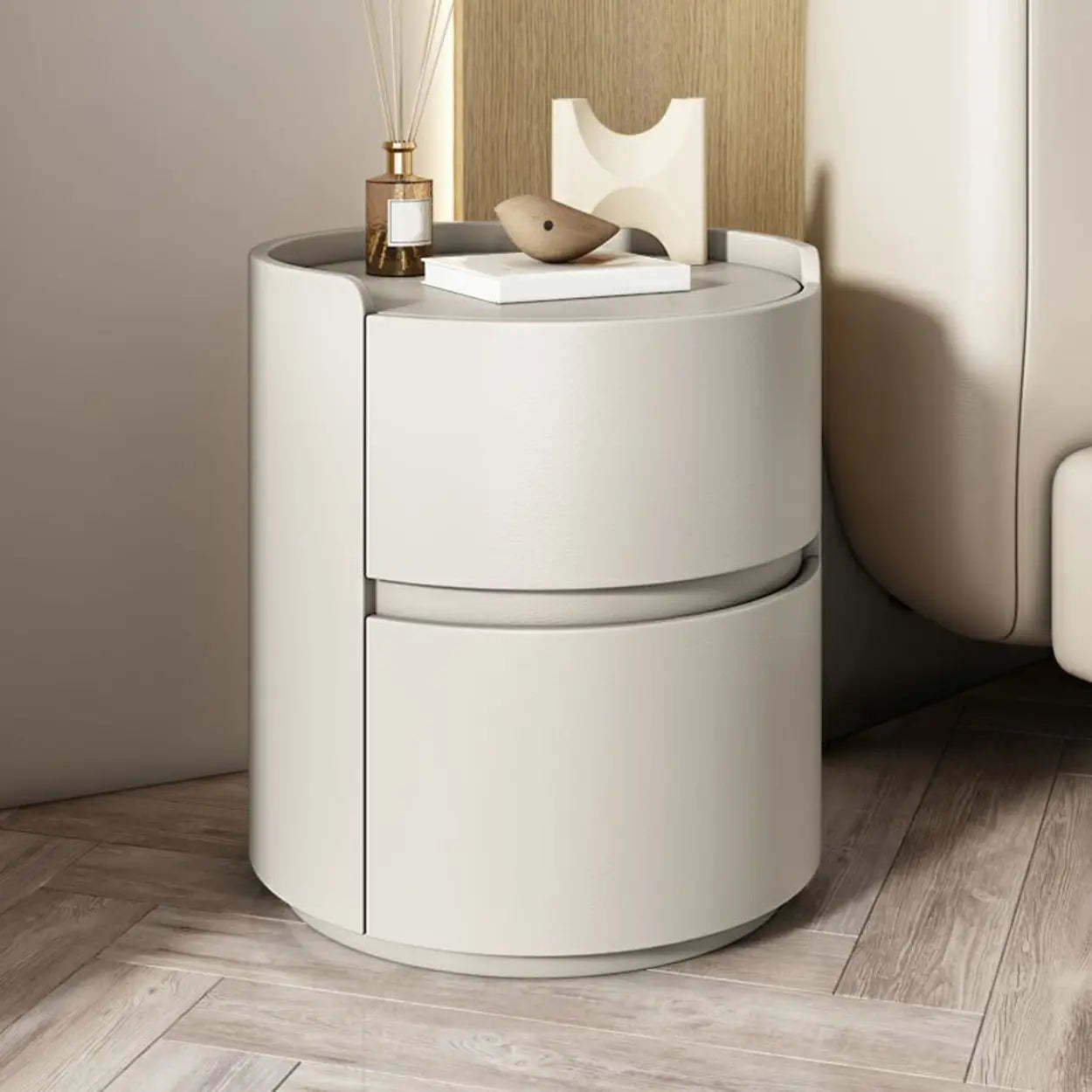 Simple Round Off-White Wood Drawer Nightstand — Black / Wood & Barenia Leather