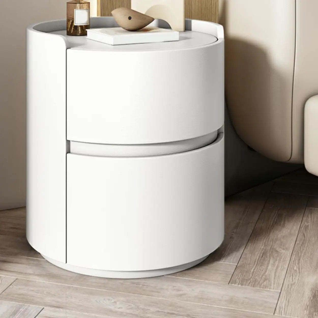 Simple Round Off-White Wood Drawer Nightstand — Light Orange / Wood & Barenia Leather