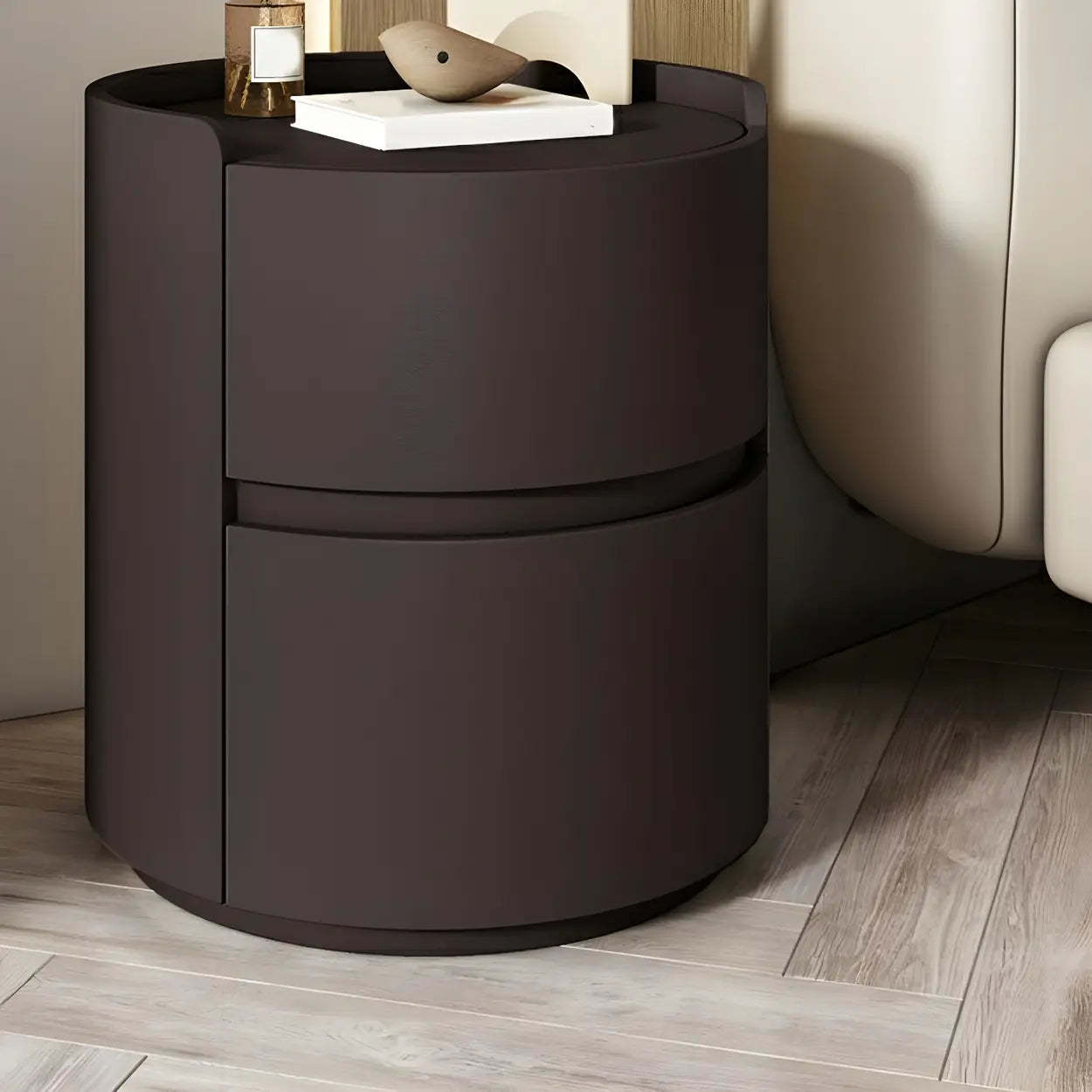 Simple Round Off-White Wood Drawer Nightstand — Light Gray / Wood & Microfiber Leather