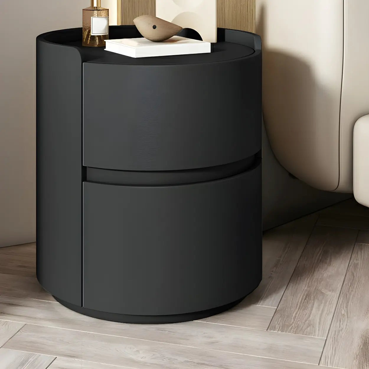 Simple Round Off-White Wood Drawer Nightstand — Light Gray / Wood & Barenia Leather