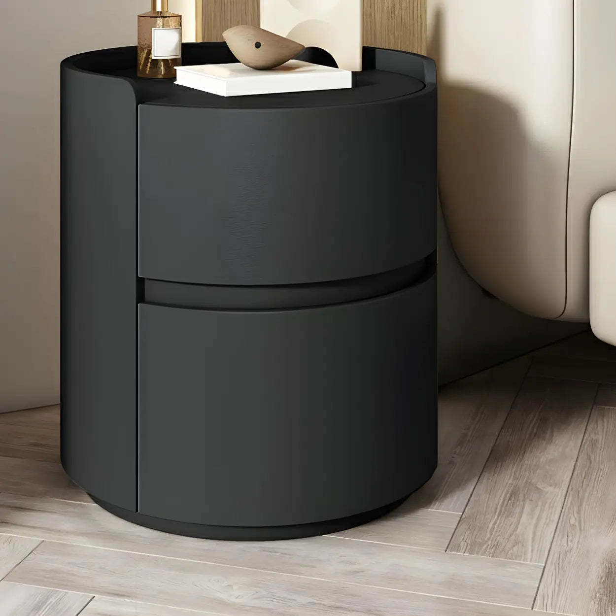 Simple Round Off-White Wood Drawer Nightstand — Light Gray / Wood & Barenia Leather