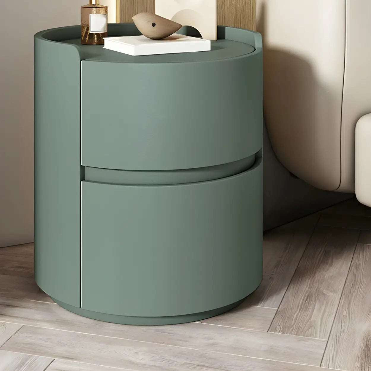 Simple Round Off-White Wood Drawer Nightstand