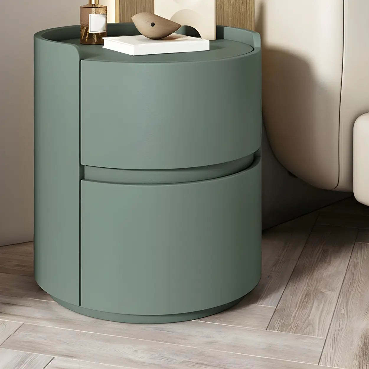 Simple Round Off-White Wood Drawer Nightstand