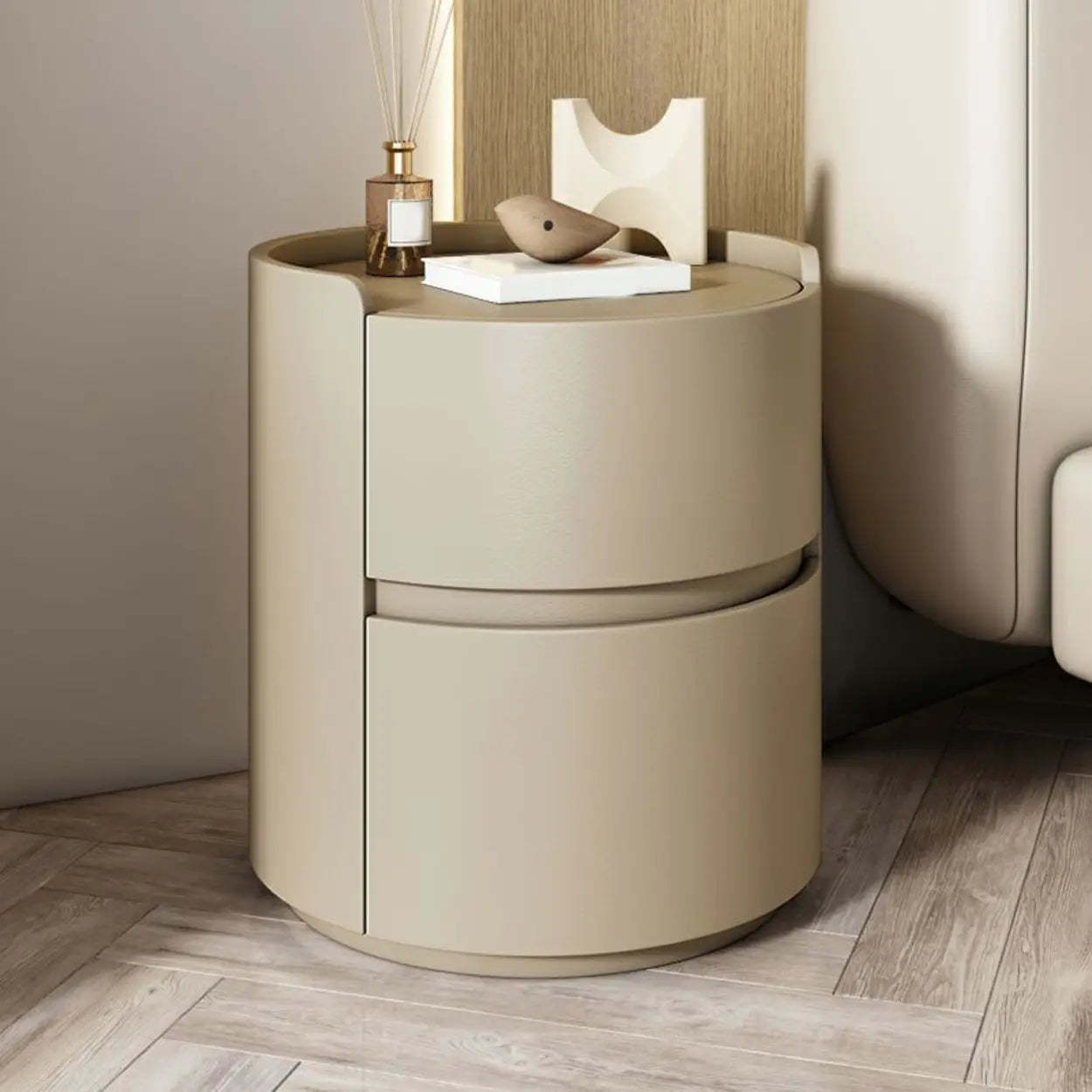 Simple Round Off-White Wood Drawer Nightstand — White / Wood & Microfiber Leather