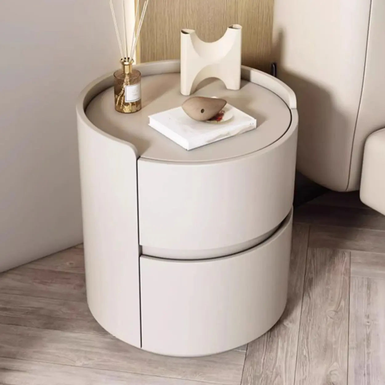 Simple Round Off-White Wood Drawer Nightstand — Off-White / Wood & Microfiber Leather