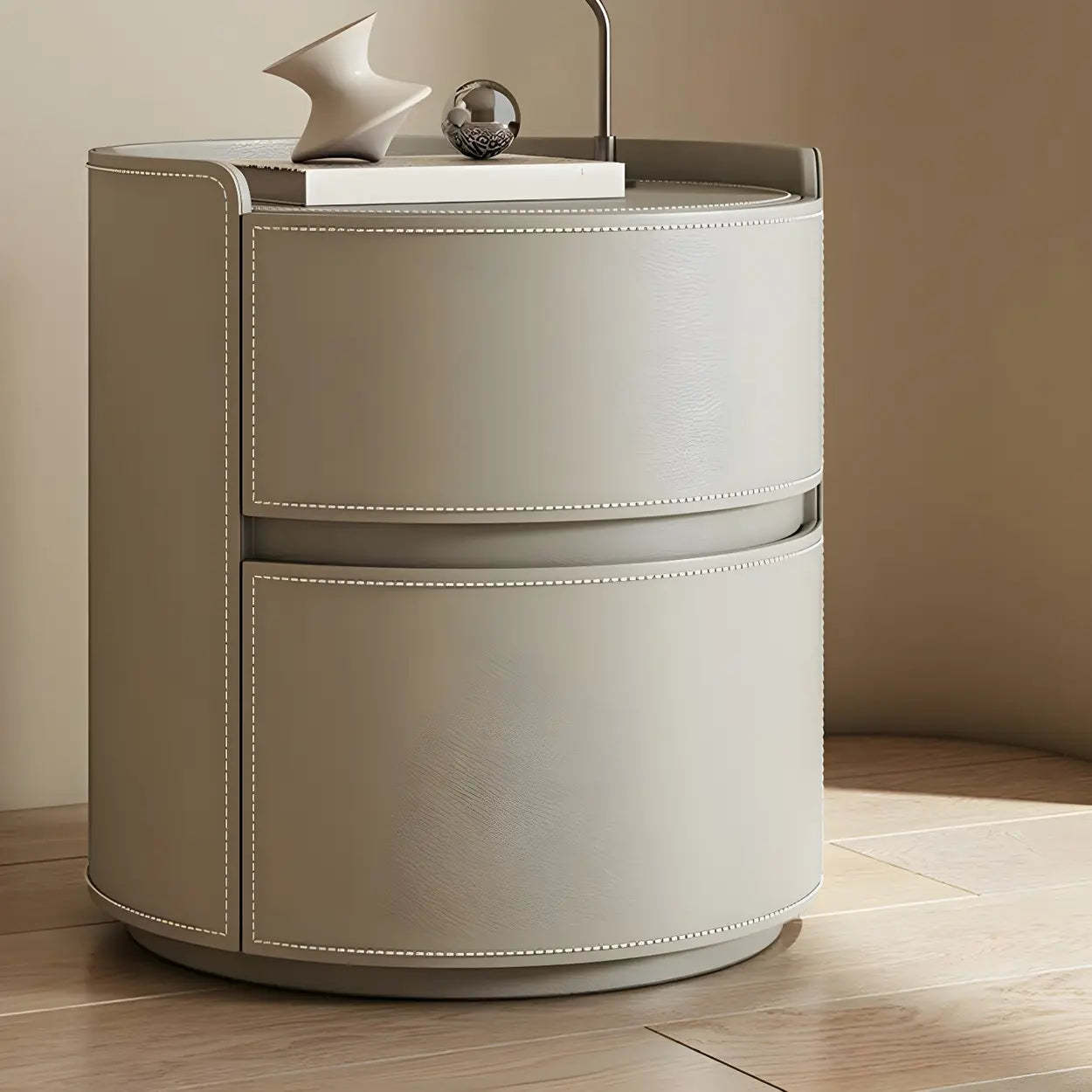 Simple Round Off-White Wood Drawer Nightstand