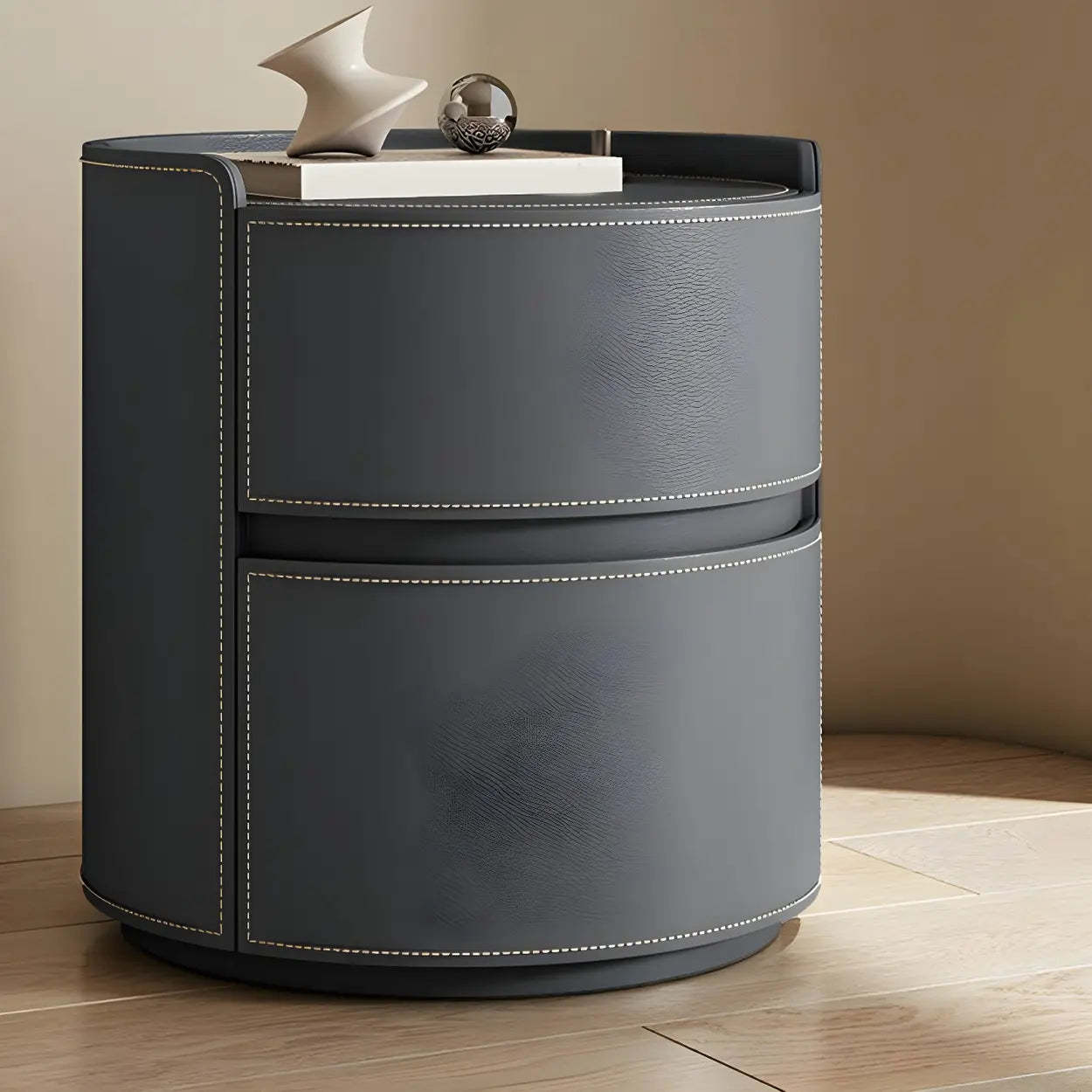 Simple Round Off-White Wood Drawer Nightstand