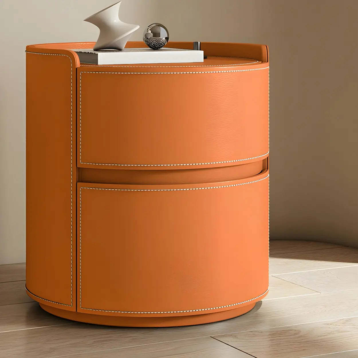 Simple Round Off-White Wood Drawer Nightstand