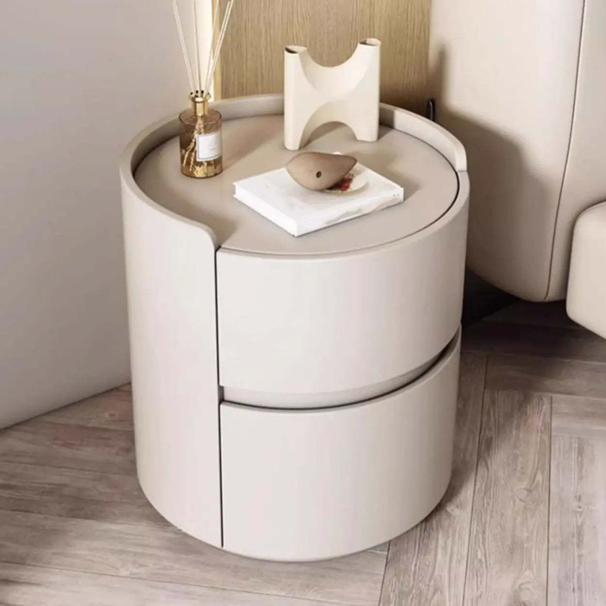 Simple Round Off-White Wood Drawer Nightstand — Off-White / Wood & Microfiber Leather