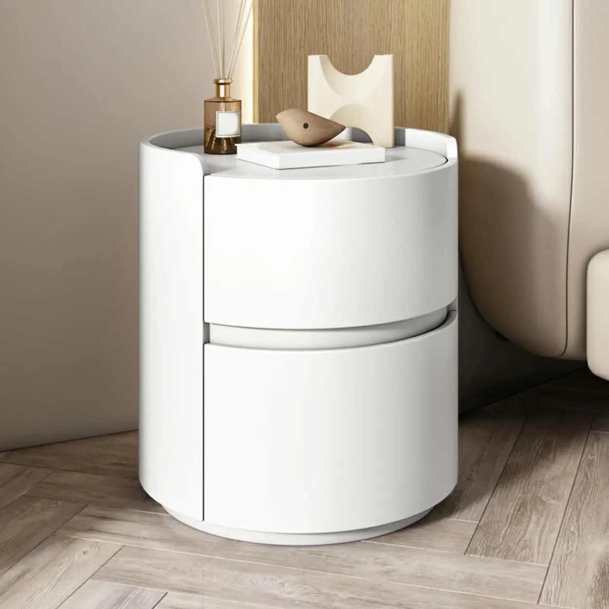 Simple Round Off-White Wood Drawer Nightstand — Off-White / Wood & Barenia Leather