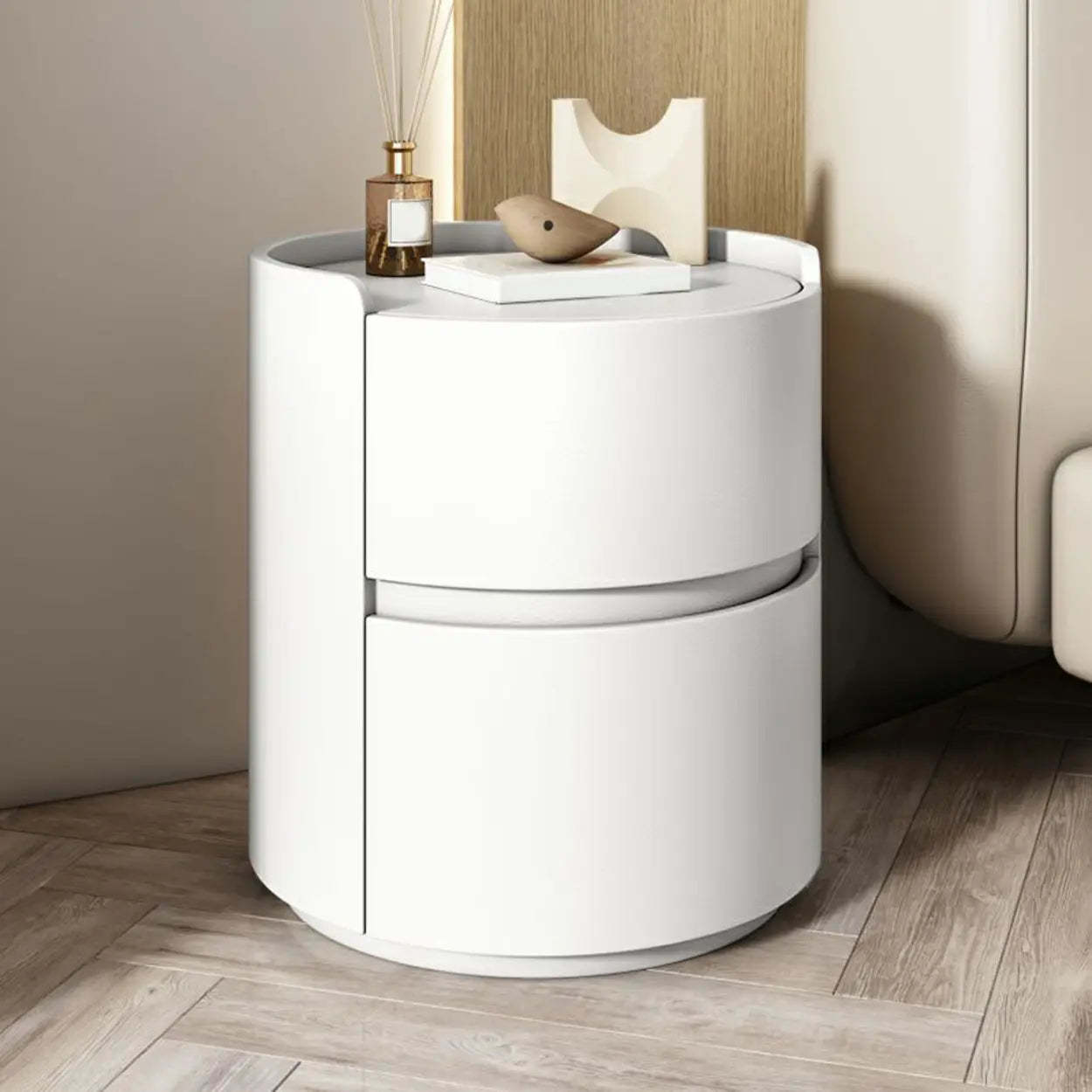 Simple Round Off-White Wood Drawer Nightstand — Off-White / Wood & Barenia Leather