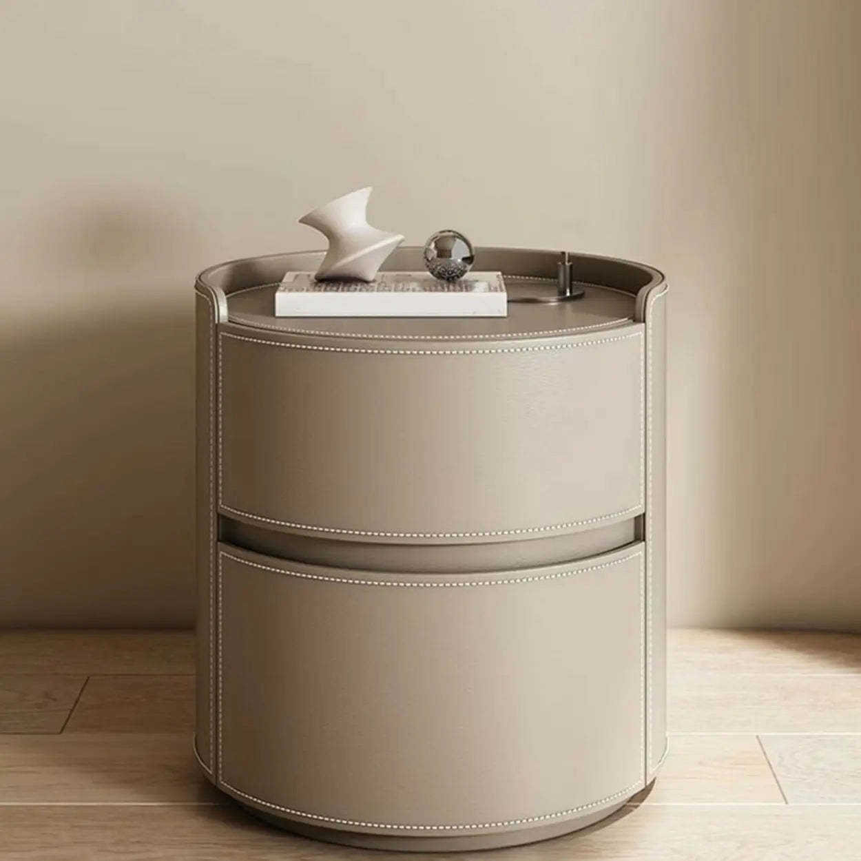 Simple Round Off-White Wood Drawer Nightstand — Khaki / Wood & Microfiber Leather