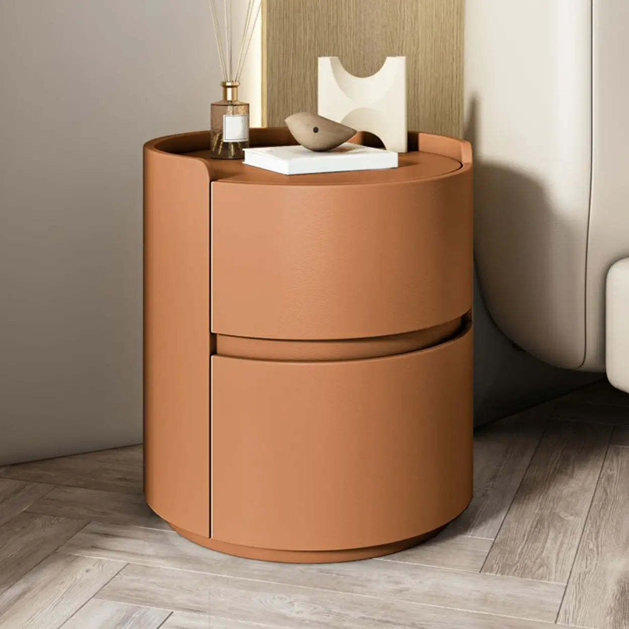 Simple Round Off-White Wood Drawer Nightstand — Khaki / Wood & Barenia Leather