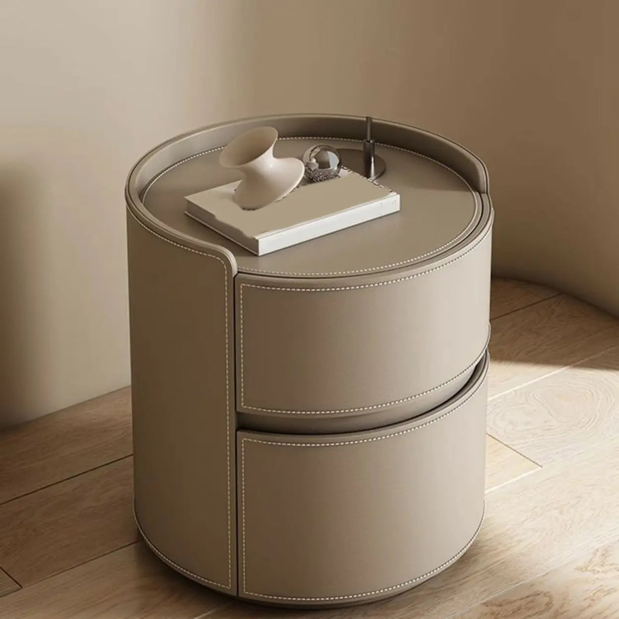 Simple Round Off-White Wood Drawer Nightstand — Light Coffee / Wood & Microfiber Leather
