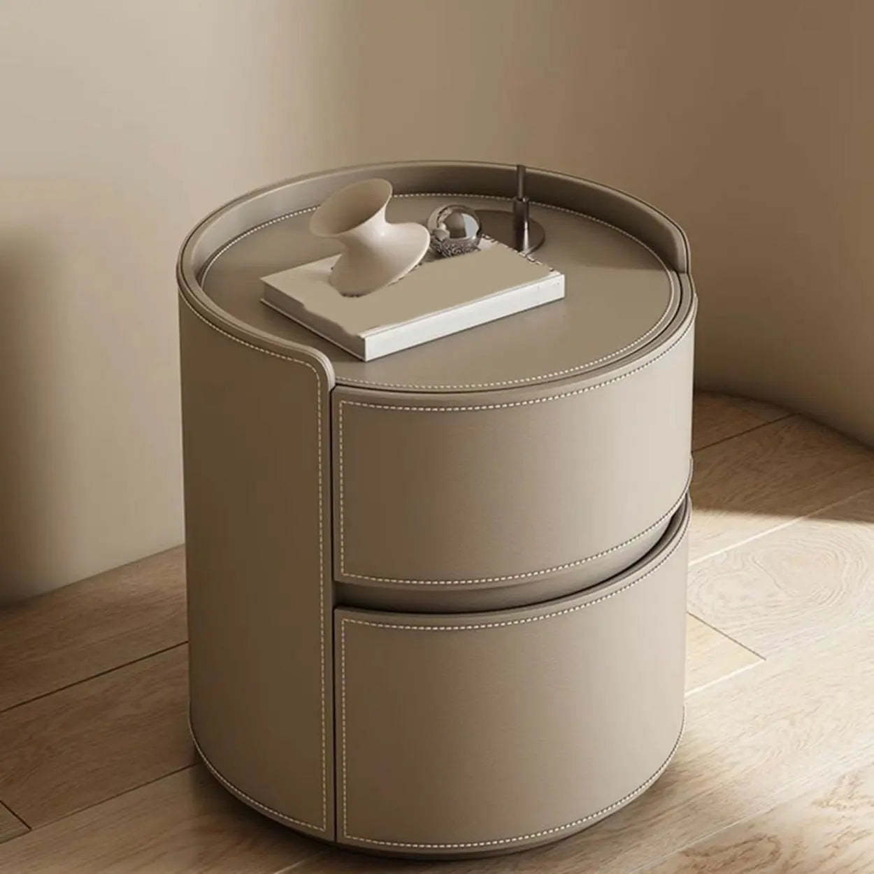 Simple Round Off-White Wood Drawer Nightstand — Light Coffee / Wood & Microfiber Leather
