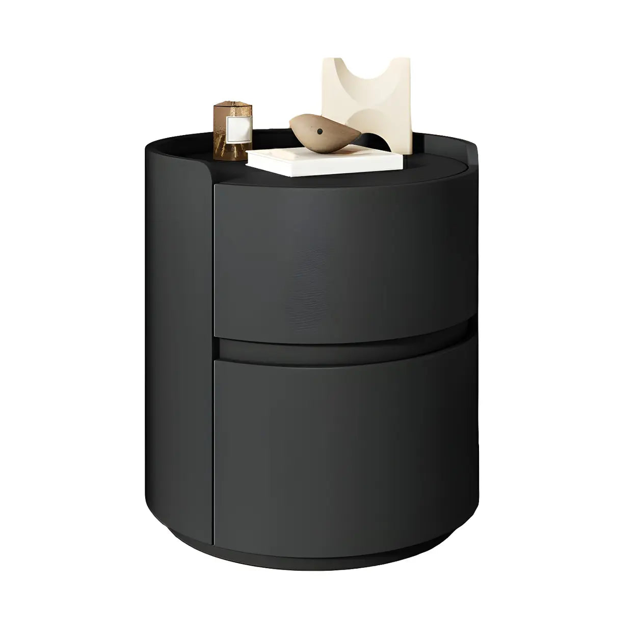 Simple Round Off-White Wood Drawer Nightstand — Light Coffee / Wood & Barenia Leather