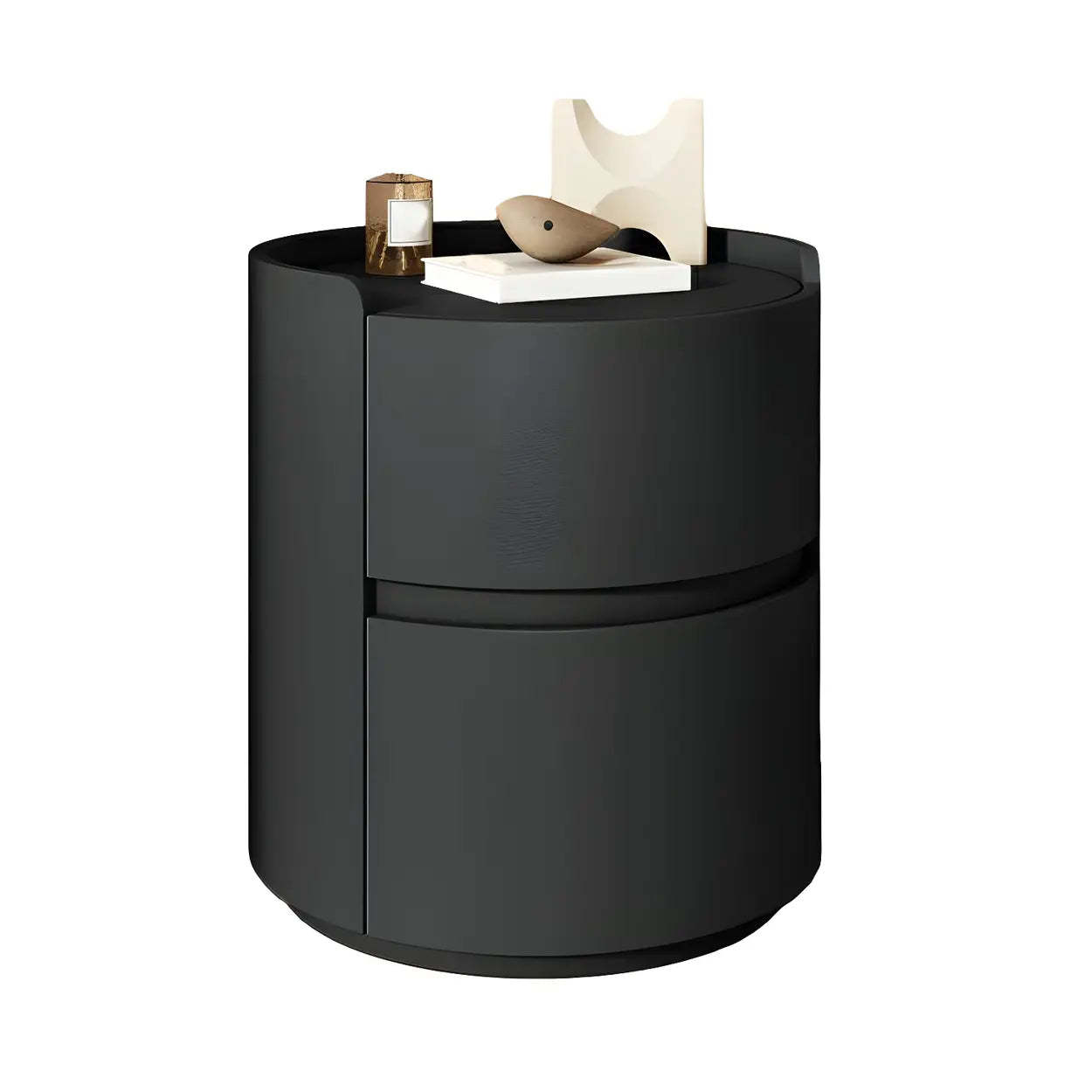 Simple Round Off-White Wood Drawer Nightstand — Light Coffee / Wood & Barenia Leather