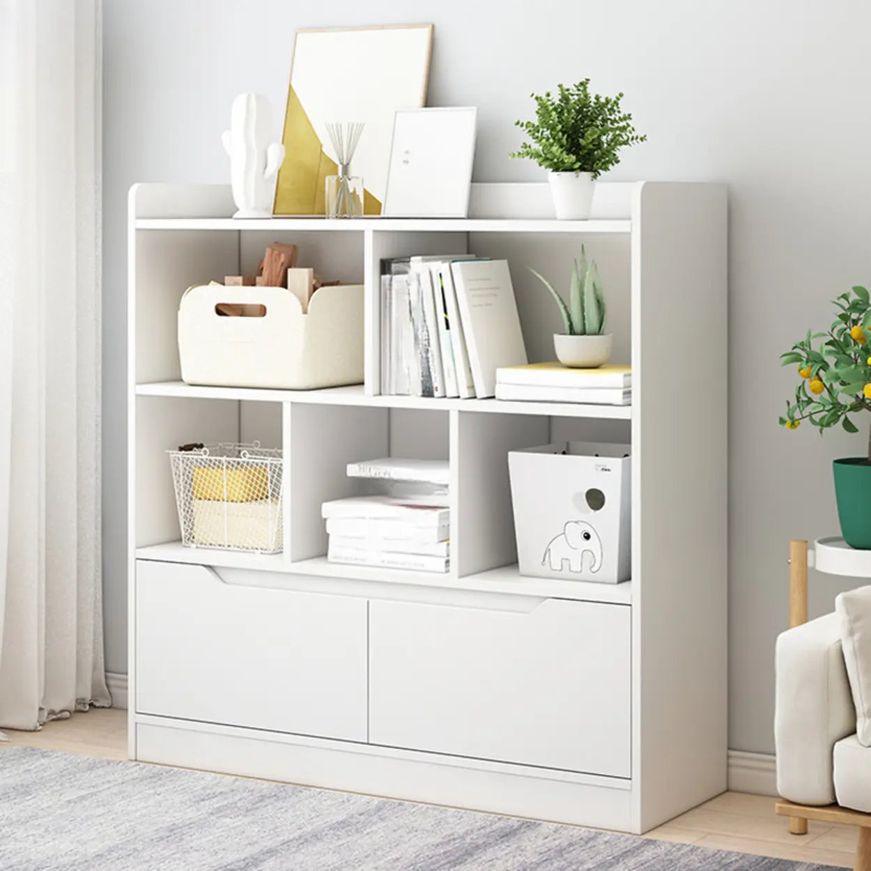 Simple Modern Rectangular Wide Bookcase — White
