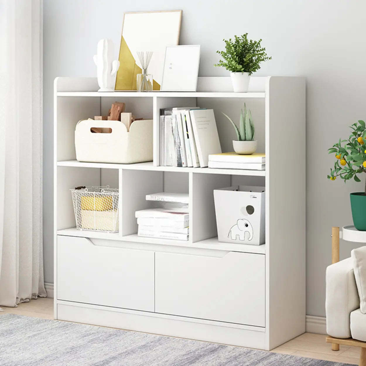 Simple Modern Rectangular Wide Bookcase — White