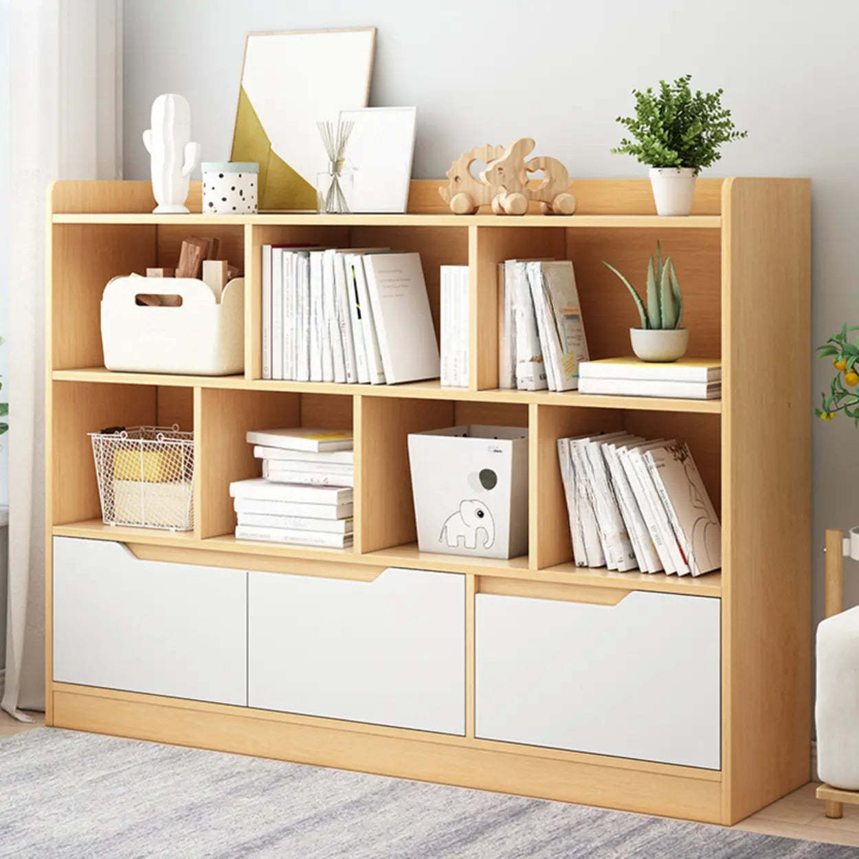 Modern wide simple natural bookcases, Lighom — 55.1" L x 7.9" W x 44.1" H