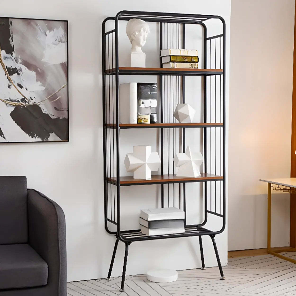 Simple Vertical Metal 4-Shelf Bookshelf — Black