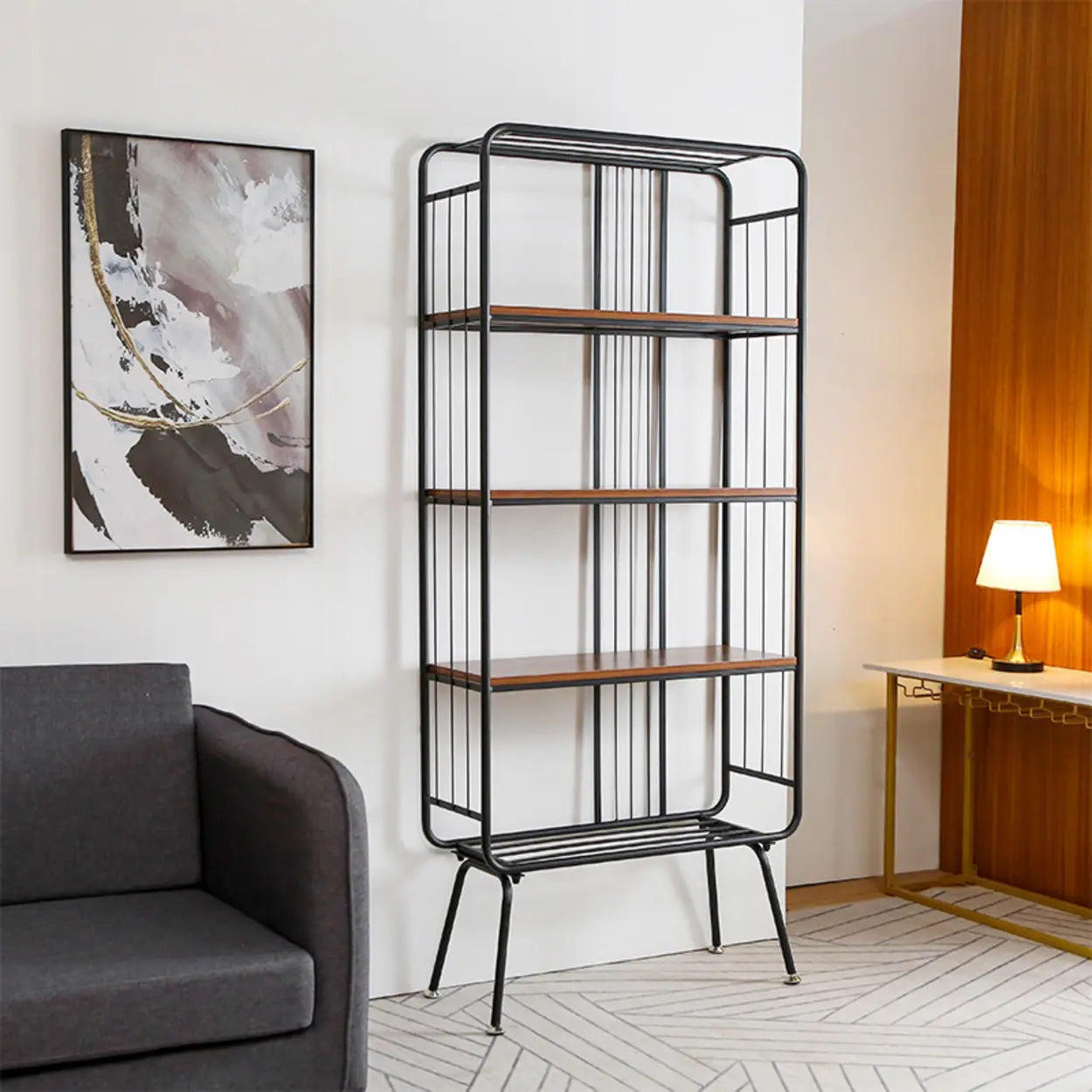 Simple Vertical Metal 4-Shelf Bookshelf — Black