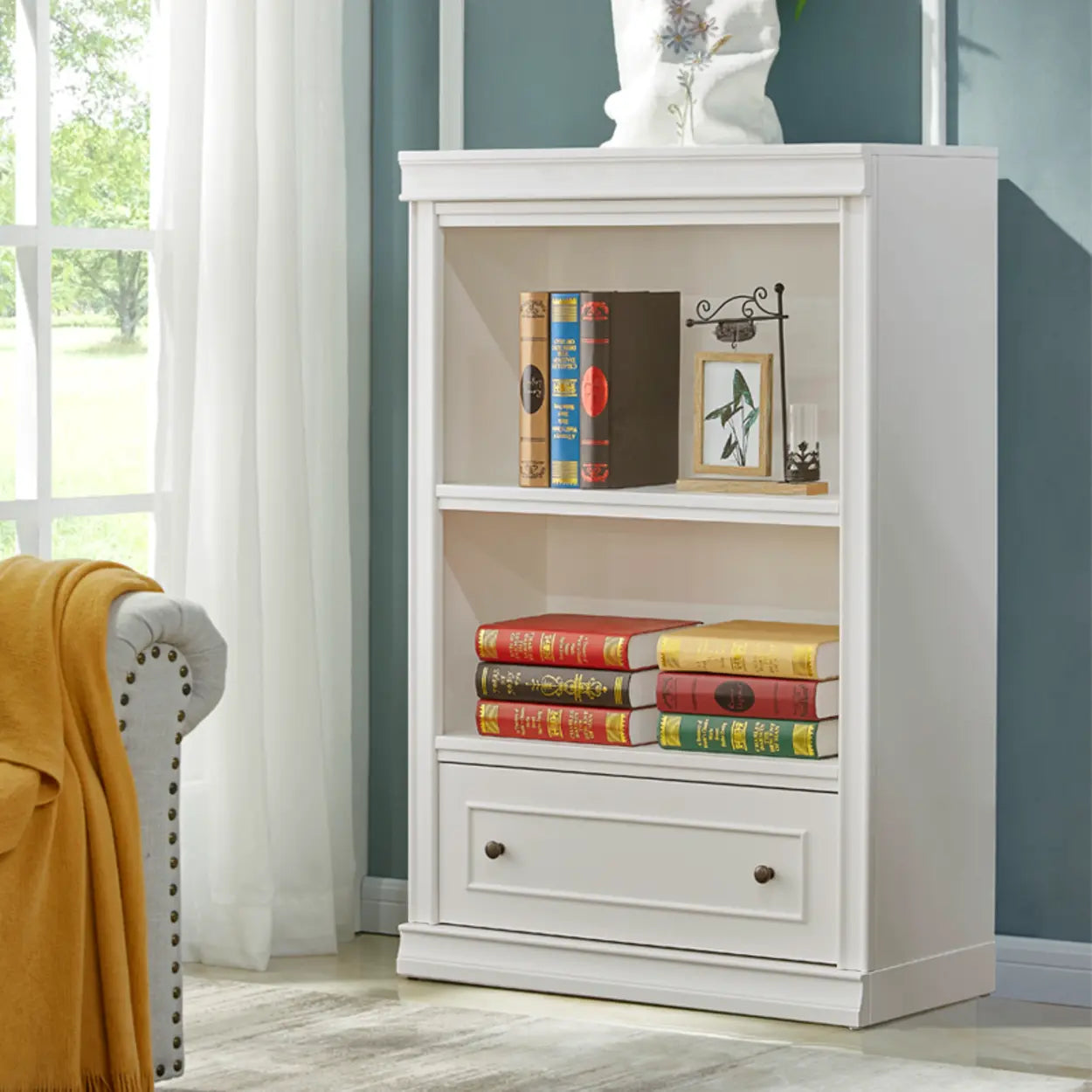 Modern wooden simple white bookcases — 31" L x 13" W x 70" H