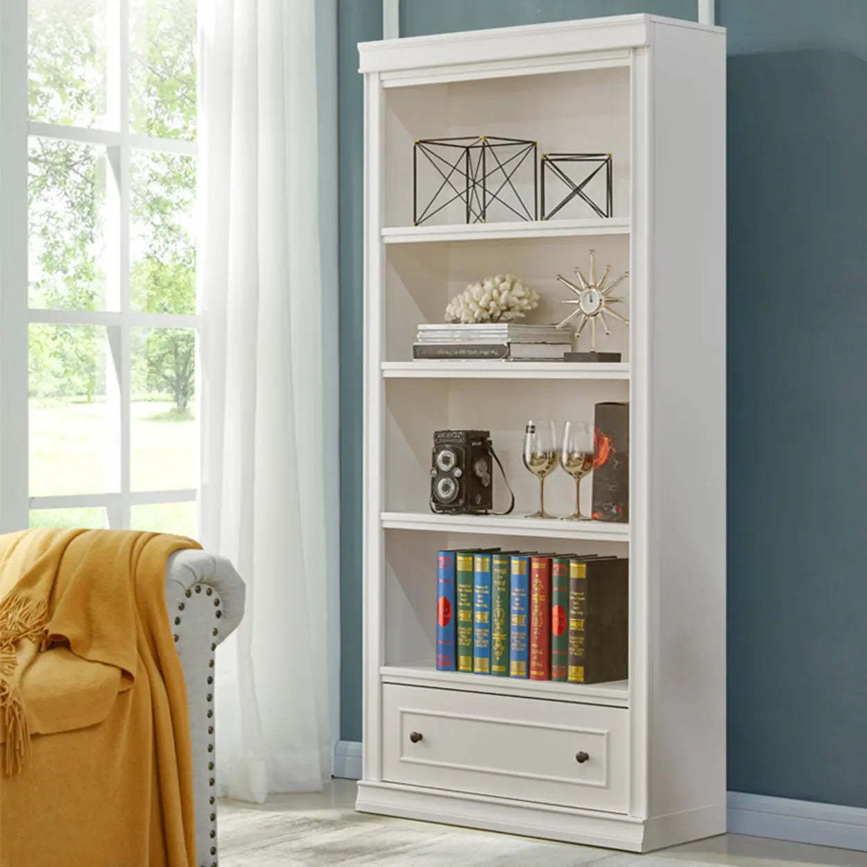 Modern simple wooden white bookcases — 24" L x 13" W x 70" H