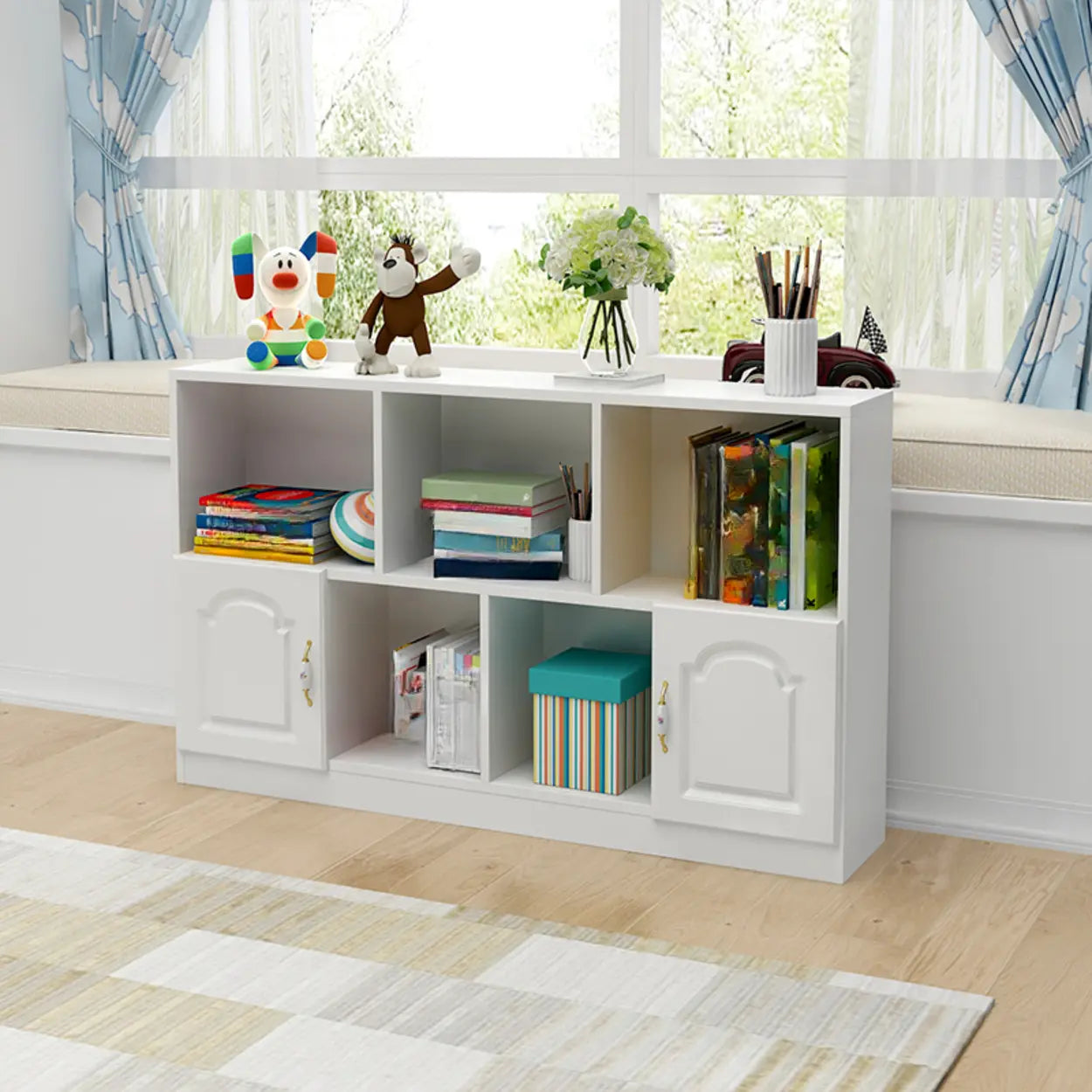 Simple White Modern Rectangular Wide Storage Bookcase