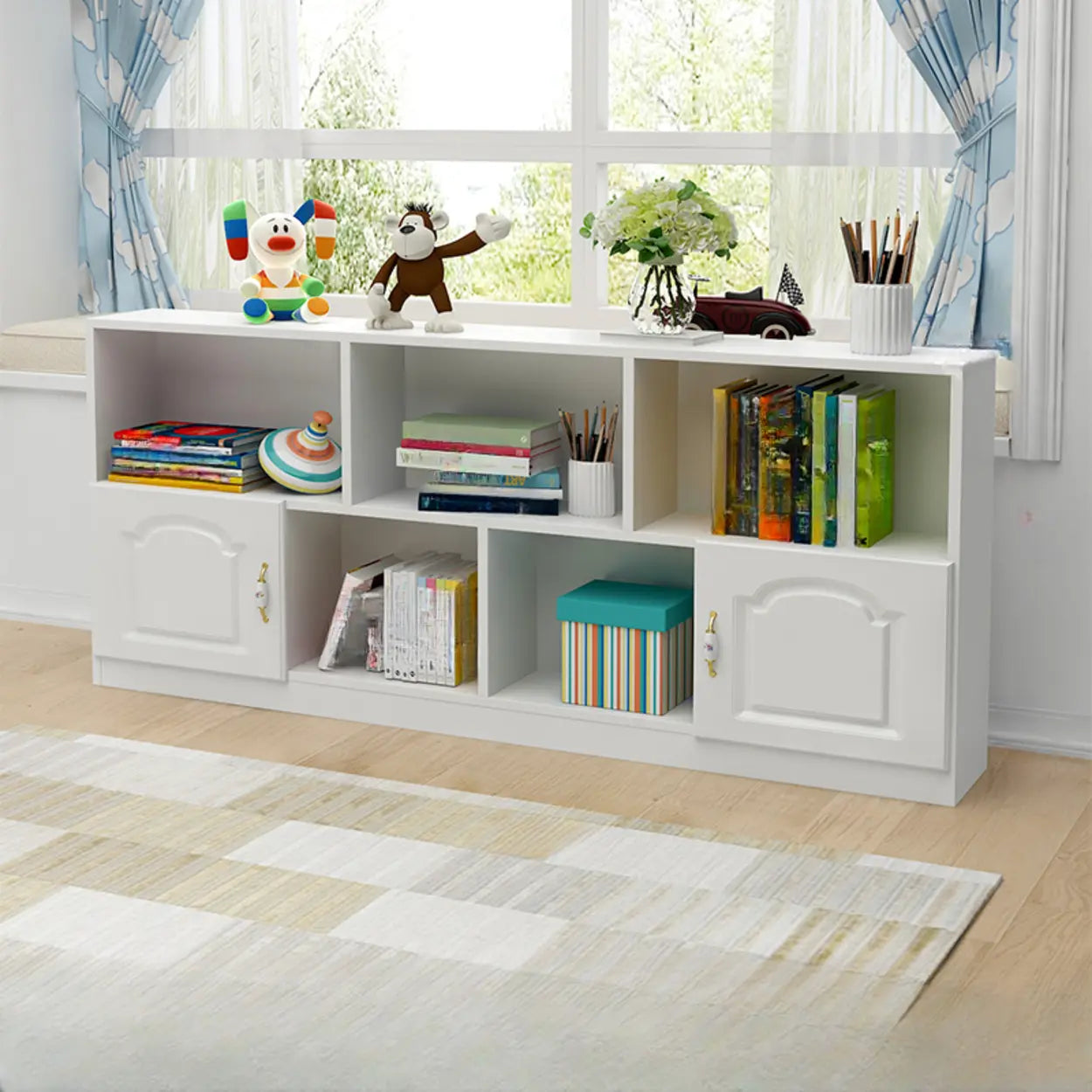 Simple White Modern Rectangular Wide Storage Bookcase