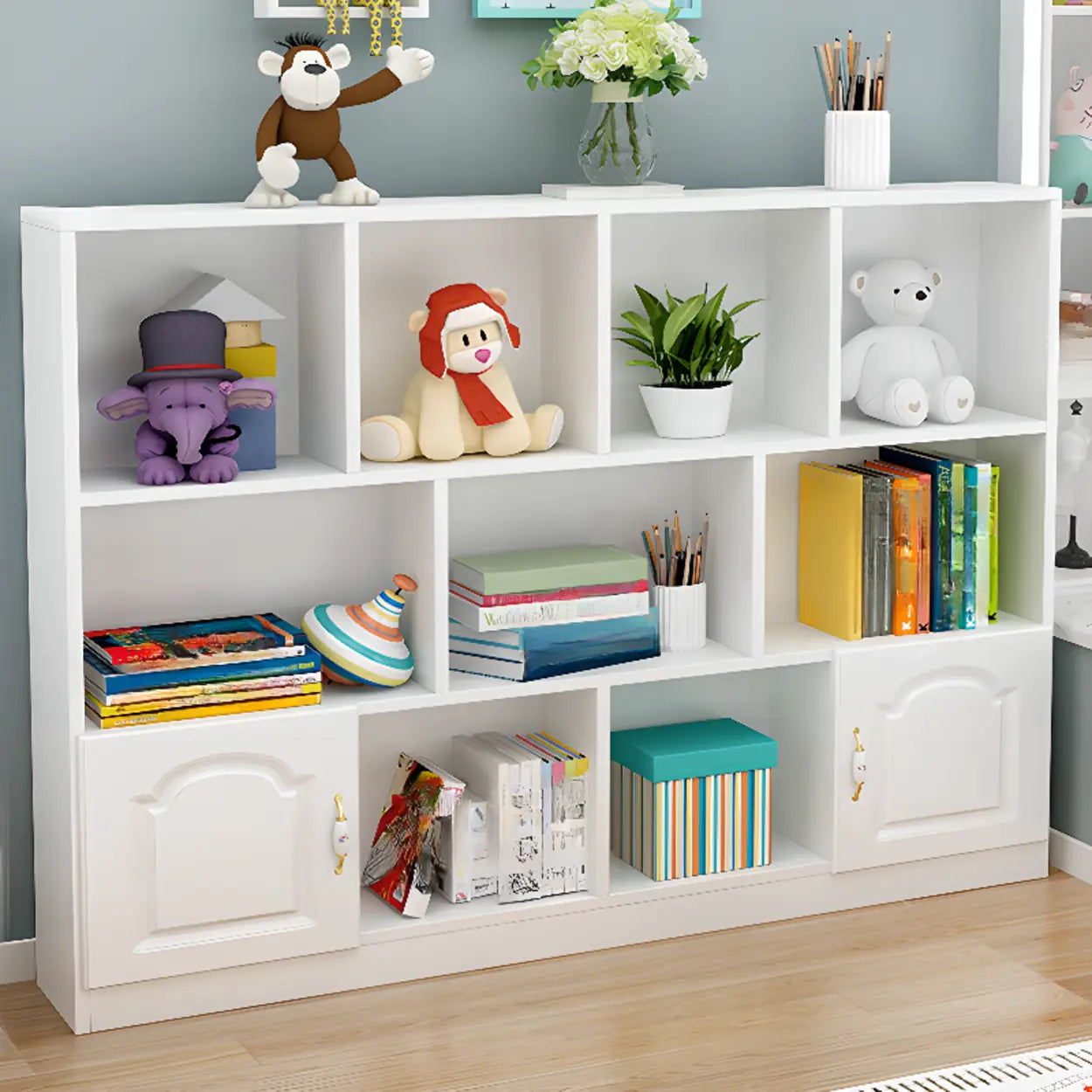Simple White Modern Rectangular Wide Storage Bookcase