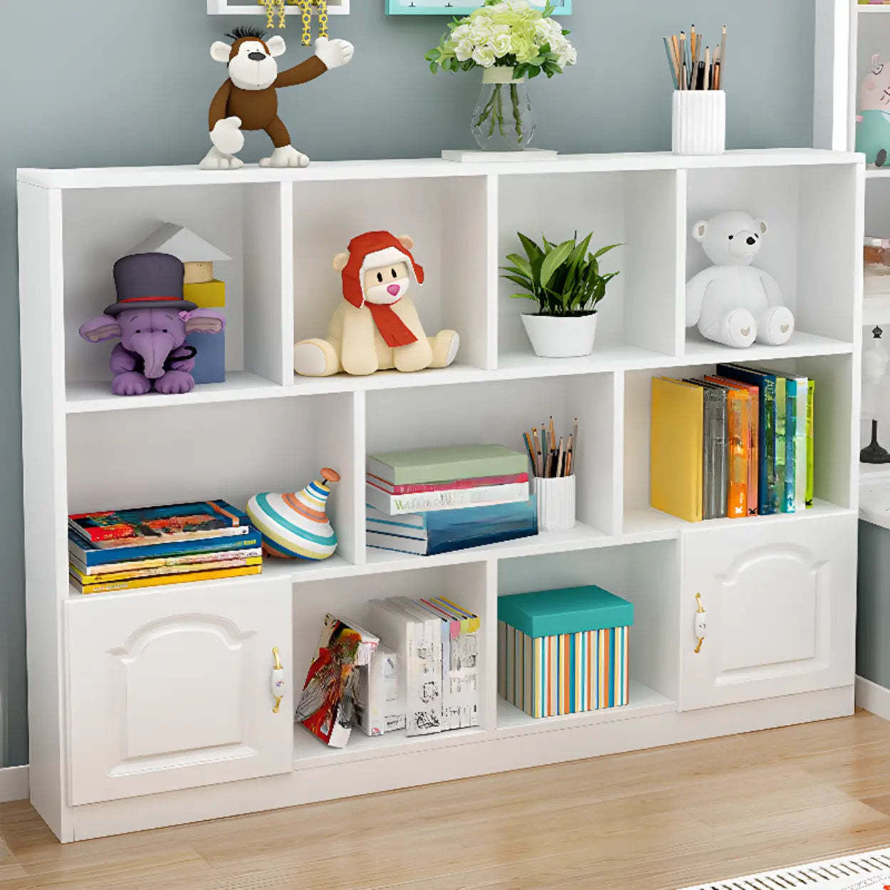 Simple White Modern Rectangular Wide Storage Bookcase