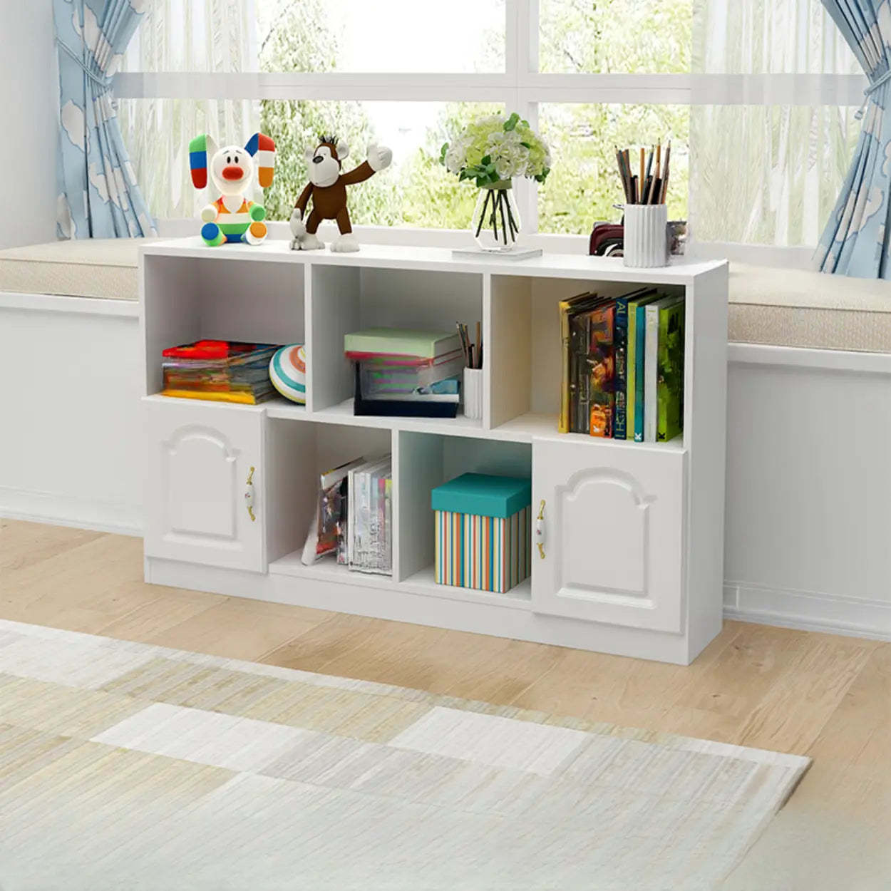 Simple White Modern Rectangular Wide Storage Bookcase