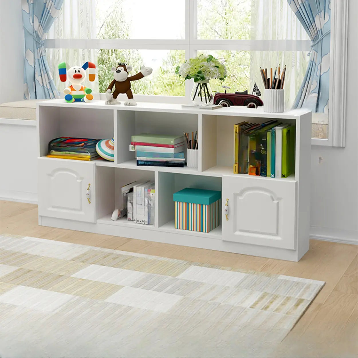 Simple White Modern Rectangular Wide Storage Bookcase