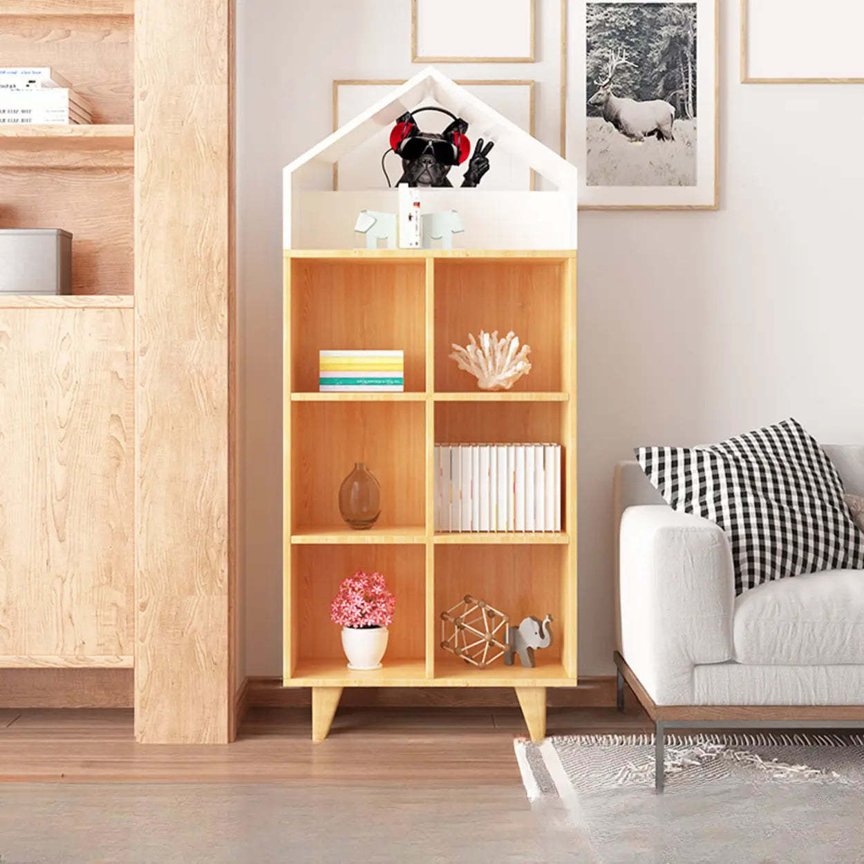 Simple Wood House-Shaped Closed-Back Bookcase