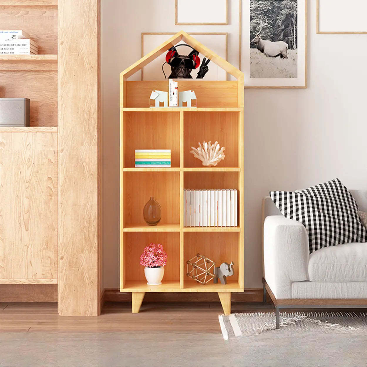 Simple Wood House-Shaped Closed-Back Bookcase