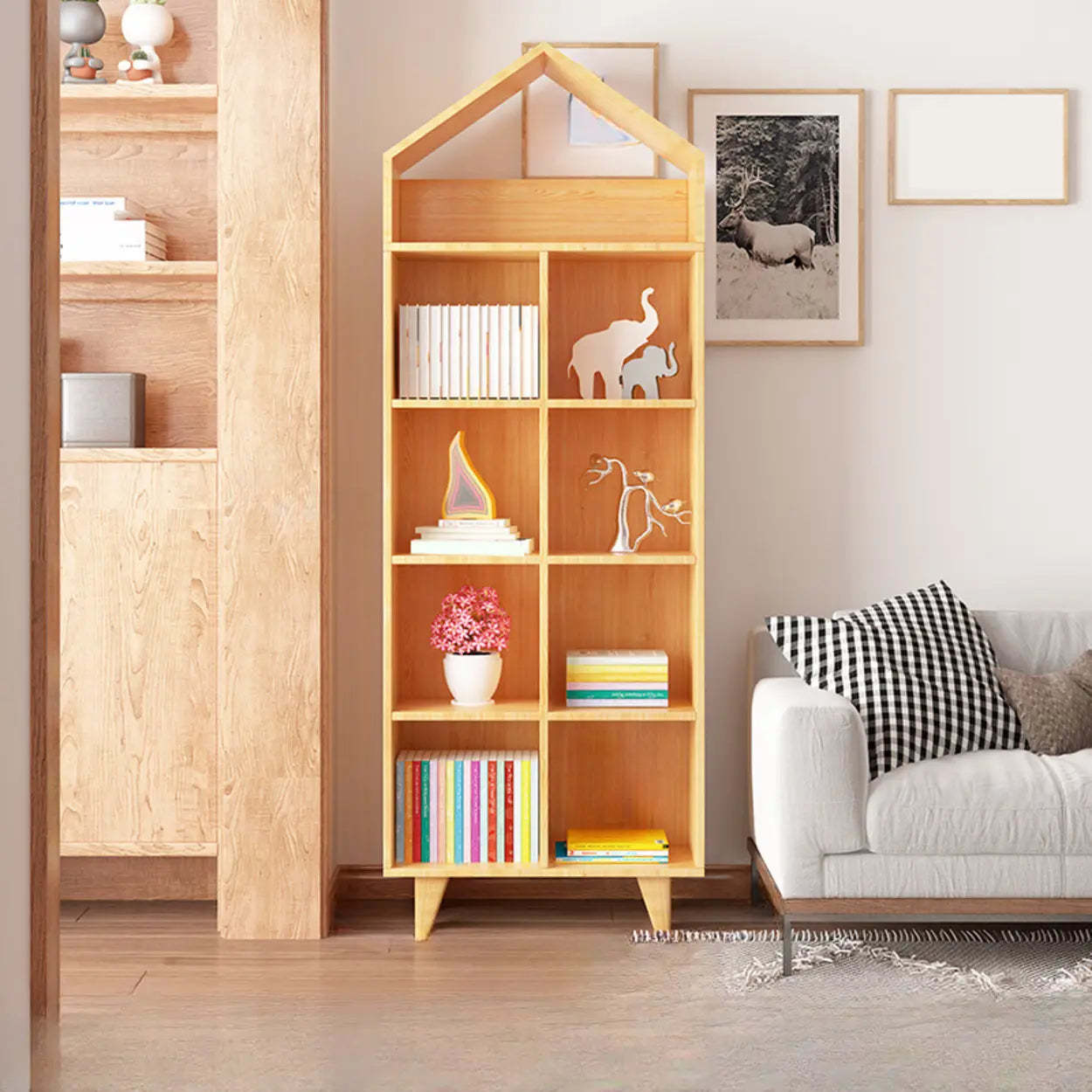 Simple Wood House-Shaped Closed-Back Bookcase