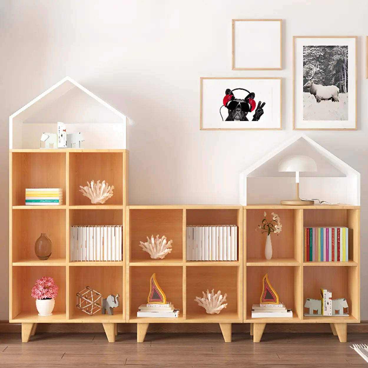 Simple Wood House-Shaped Closed-Back Bookcase — Natural