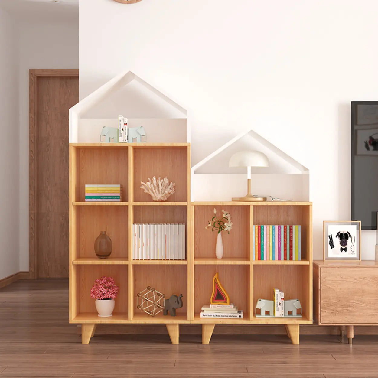 Simple Wood House-Shaped Closed-Back Bookcase — Natural