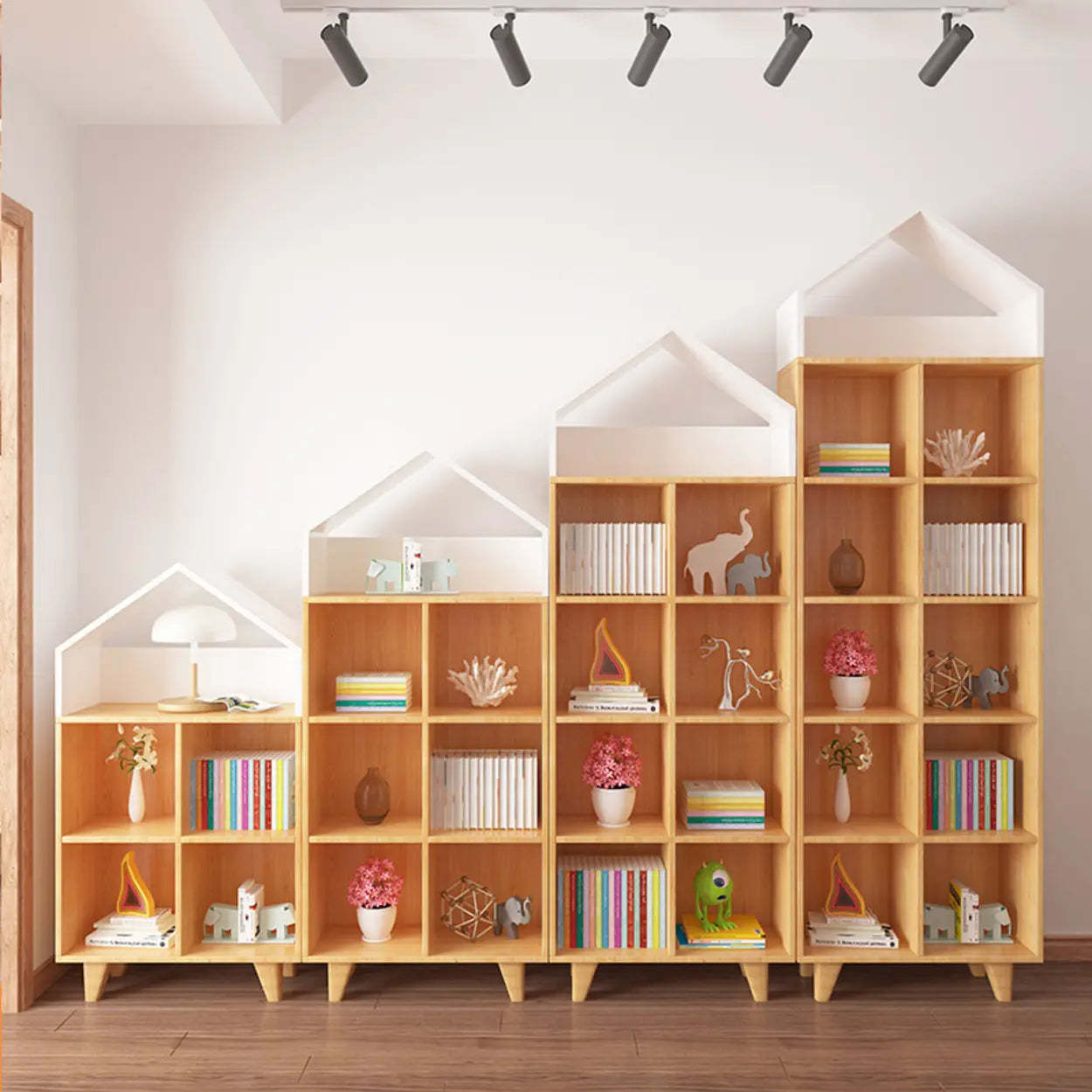 Simple Wood House-Shaped Closed-Back Bookcase — Natural