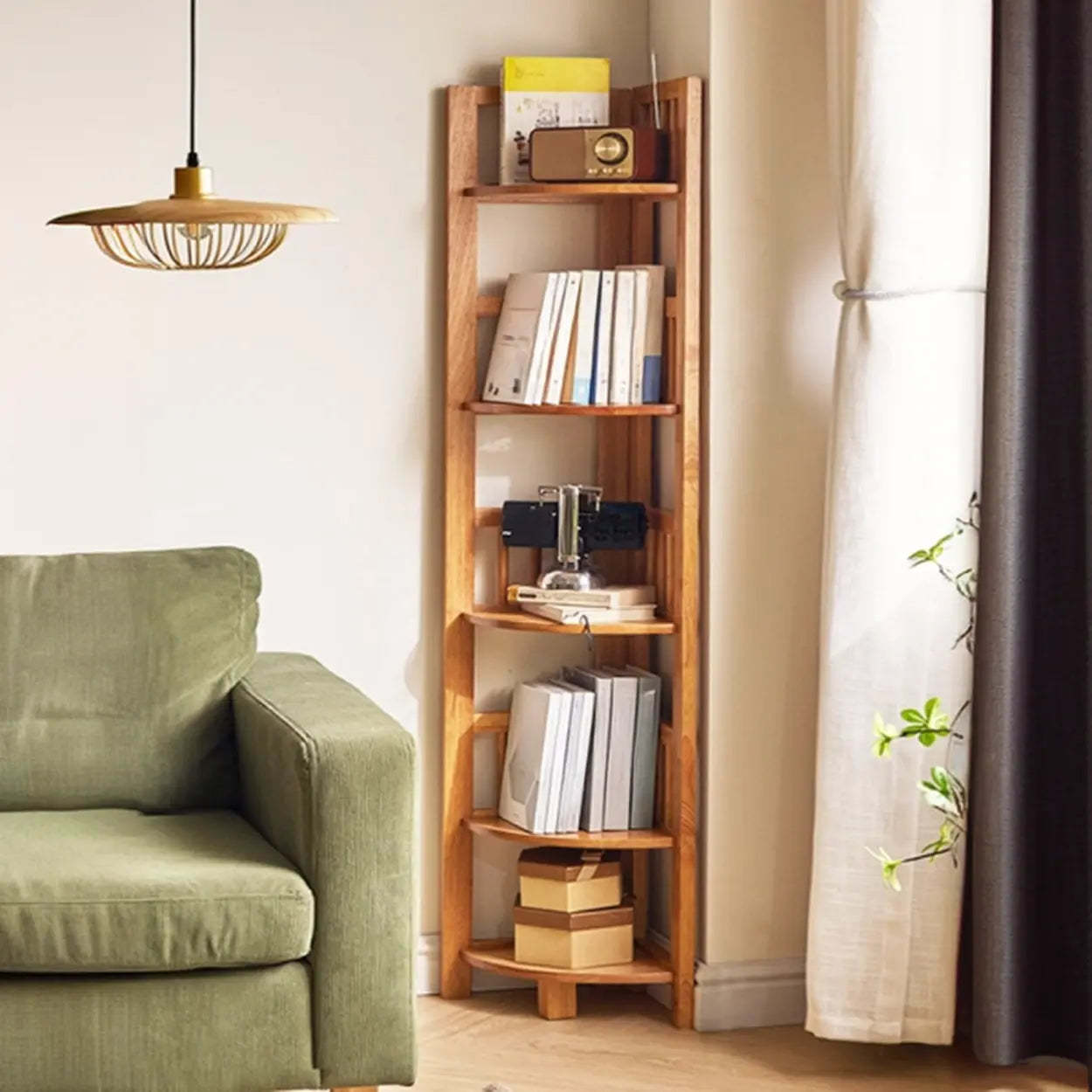 Wooden Triangle Tower Corner Bookcase — Nut-Brown