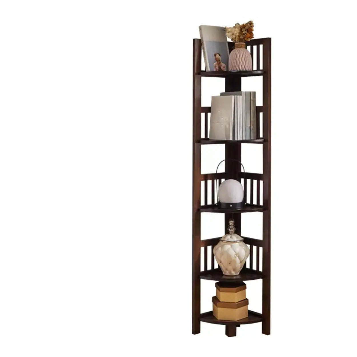 Natural triangle corner wooden bookcases — 10" L x 10" W x 59" H / Nut & Brown