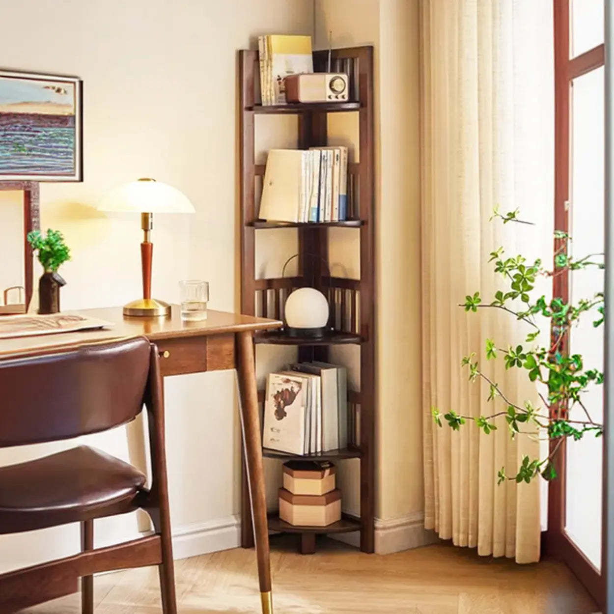 Wooden Triangle Tower Corner Bookcase — Natural