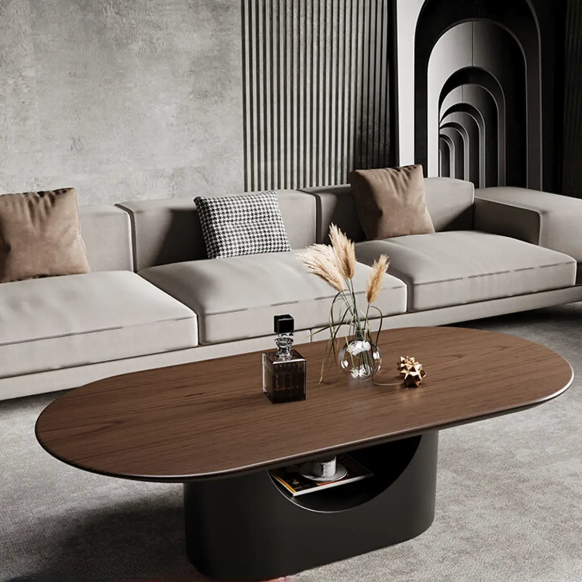 Simple Brown Oval Wood Storage Coffee Table — Oval