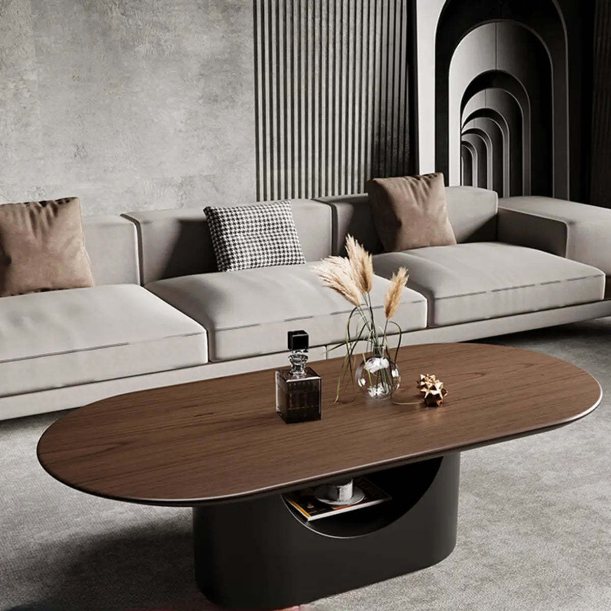Simple Brown Oval Wood Storage Coffee Table — Oval