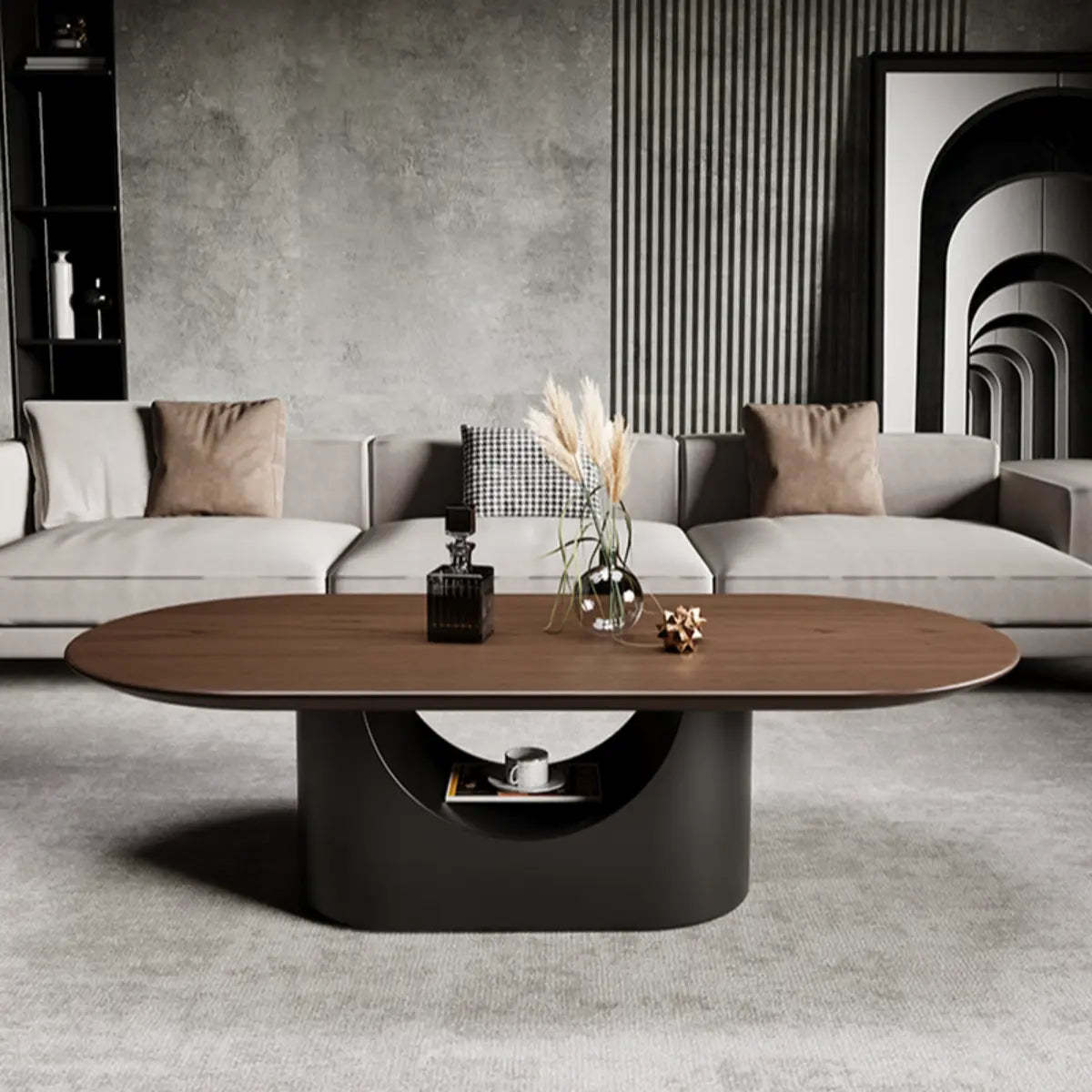 Simple Brown Oval Wood Storage Coffee Table — Rectangular