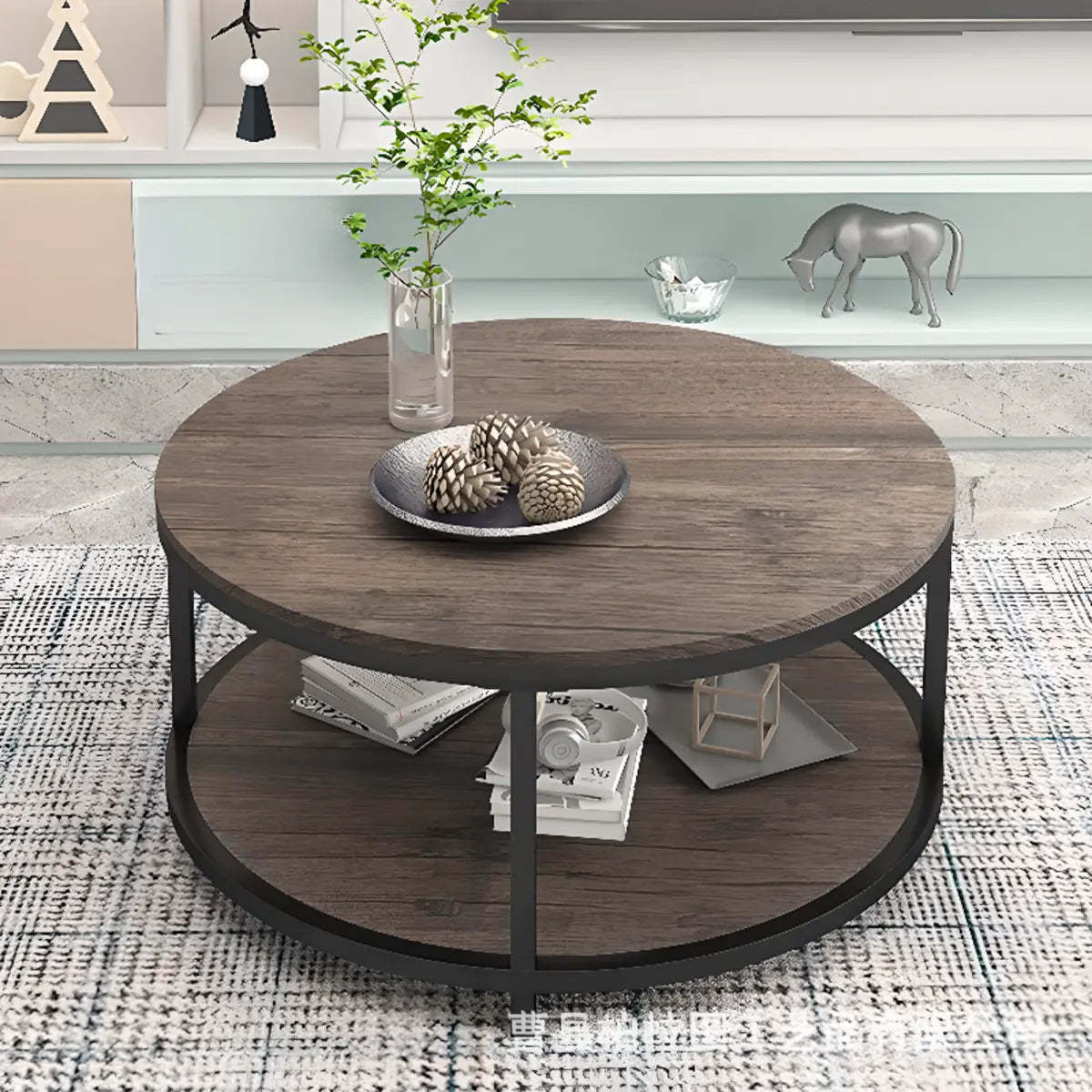 Simple Brown Wood Round Four-Leg Coffee Table — Brown
