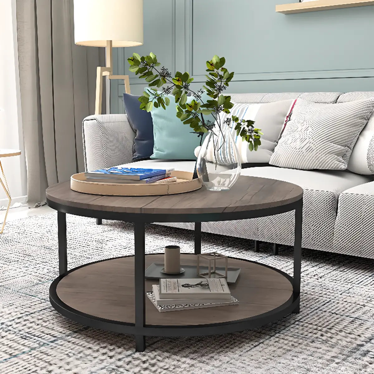 Simple Brown Wood Round Four-Leg Coffee Table
